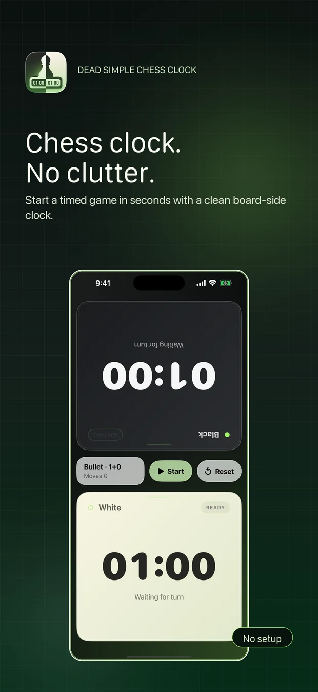 Dead Simple Chess Clock app screen showing two timer cards